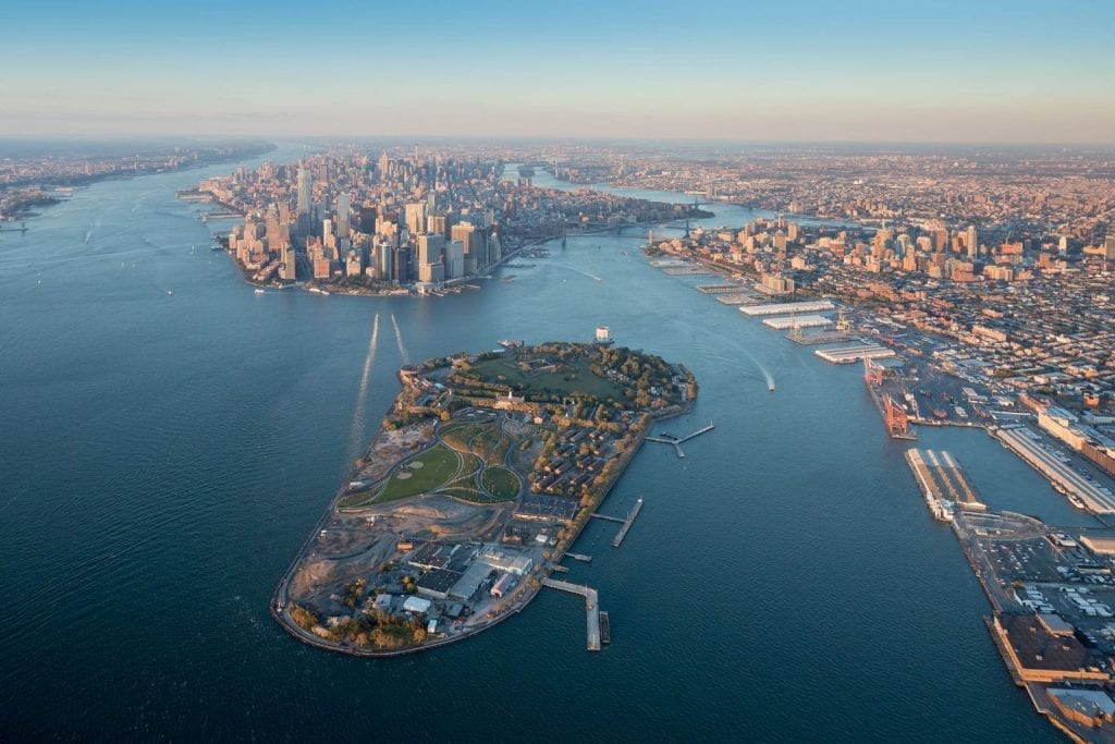 Arial view of Governors Island with Manhattan in the background, New York, New York, USA