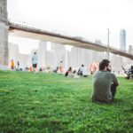 View of the Brooklyn Bridge from Empire Fulton Ferry Park, Brooklyn, New York, New York, USA