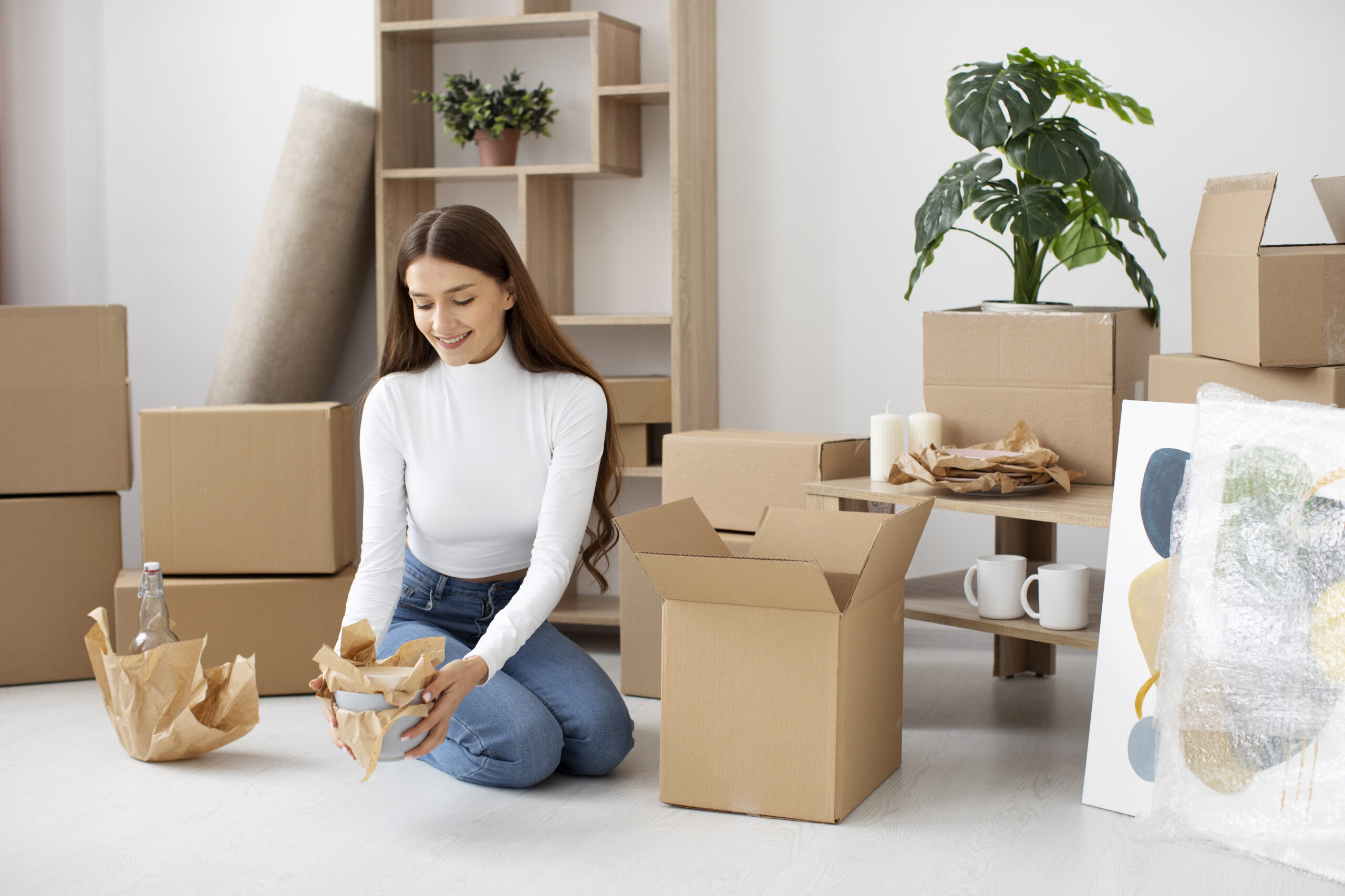 Woman packing boxes on the floor while preparing items for a self storage unit
