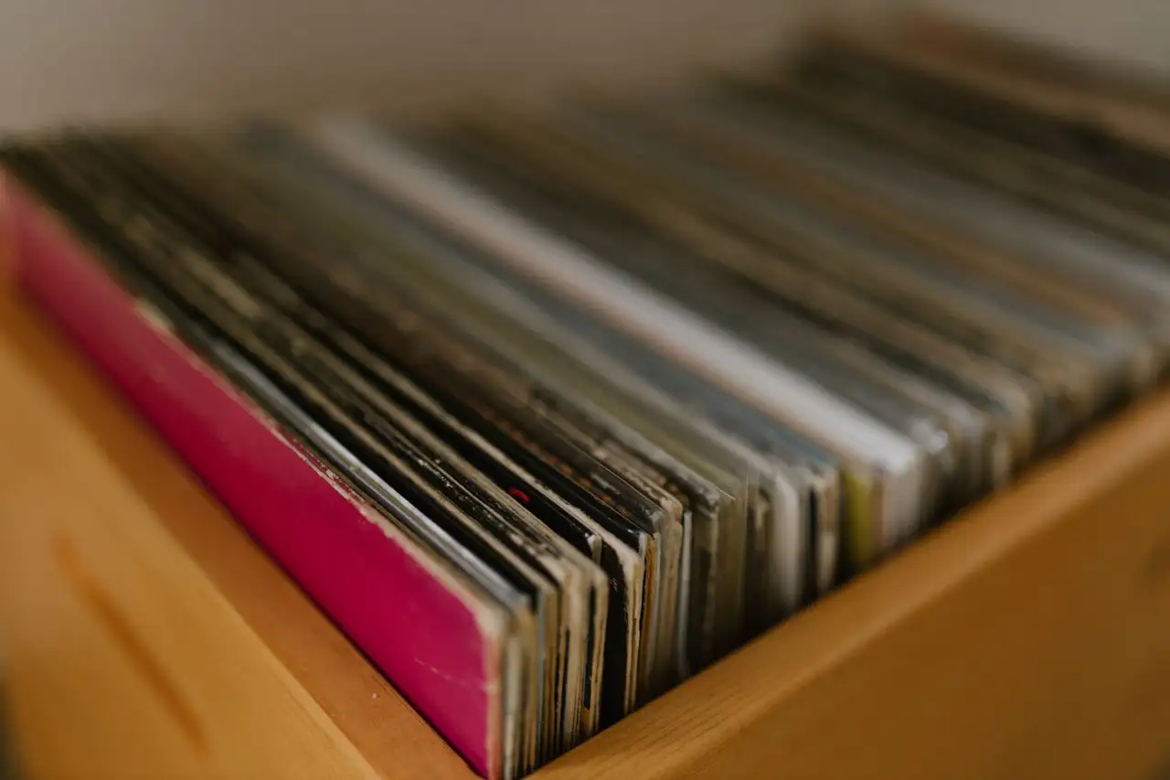 Vinyl records stored upright in a wooden storage box to prevent warping.