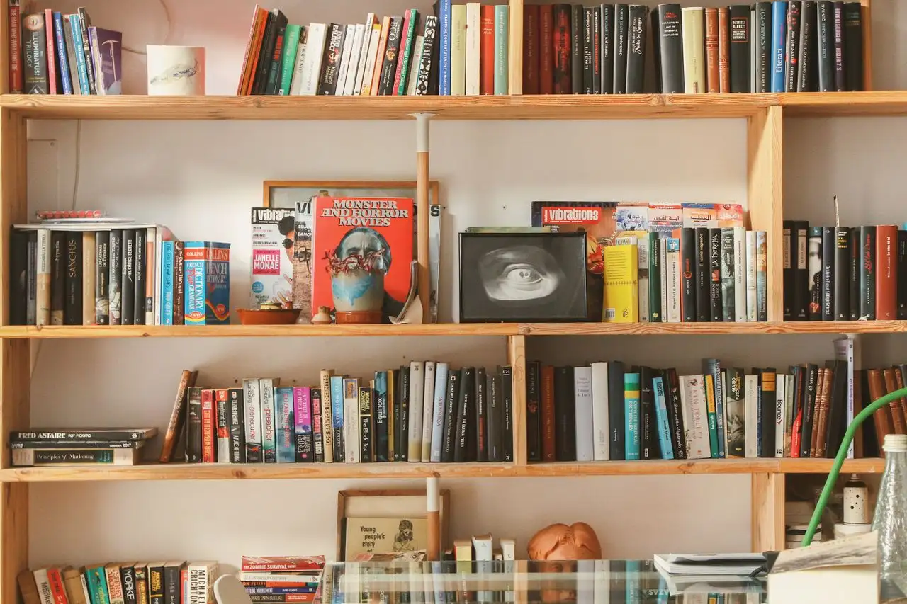 Floor-to-ceiling vertical storage shelving filled mainly with books and a few decor items